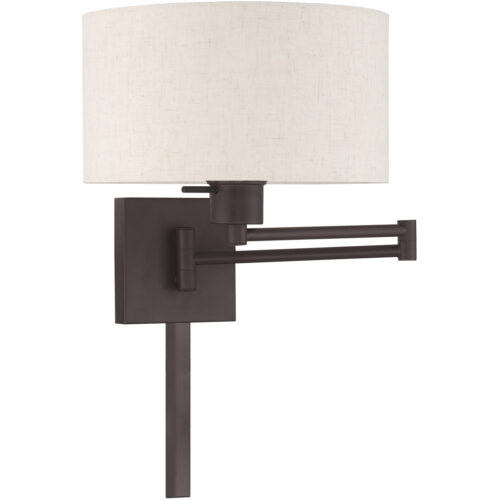 11 inch 1 Light Bronze Swing Arm Wall Lamp with Hand Crafted Oatmeal Fabric Hardback Shade-Lighting LumensWall Lamps