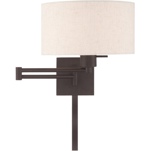 11 inch 1 Light Bronze Swing Arm Wall Lamp with Hand Crafted Oatmeal Fabric Hardback Shade-Lighting LumensWall Lamps