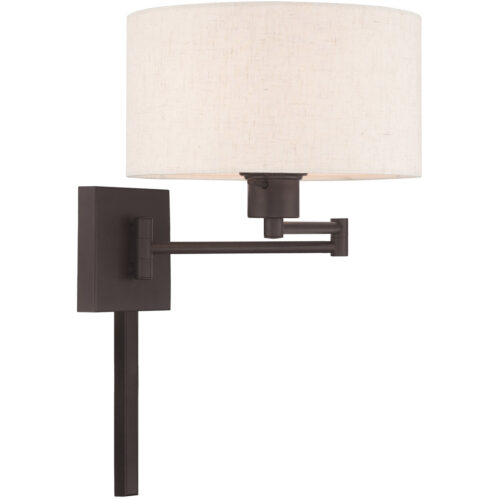 11 inch 1 Light Bronze Swing Arm Wall Lamp with Hand Crafted Oatmeal Fabric Hardback Shade-Lighting LumensWall Lamps