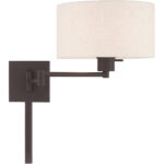 11 inch 1 Light Bronze Swing Arm Wall Lamp with Hand Crafted Oatmeal Fabric Hardback Shade-Lighting LumensWall Lamps