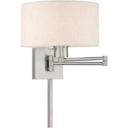 11 inch 1 Light Brushed Nickel Swing Arm Wall Lamp with Hand Crafted Oatmeal Fabric Hardback Shade-Lighting LumensWall Lamps