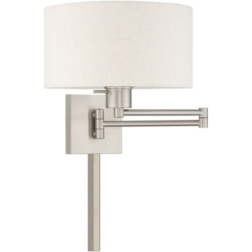 11 inch 1 Light Brushed Nickel Swing Arm Wall Lamp with Hand Crafted Oatmeal Fabric Hardback Shade-Lighting LumensWall Lamps