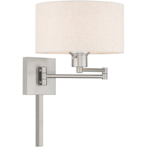 11 inch 1 Light Brushed Nickel Swing Arm Wall Lamp with Hand Crafted Oatmeal Fabric Hardback Shade-Lighting LumensWall Lamps