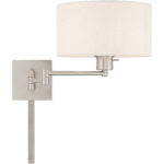 11 inch 1 Light Brushed Nickel Swing Arm Wall Lamp with Hand Crafted Oatmeal Fabric Hardback Shade-Lighting LumensWall Lamps