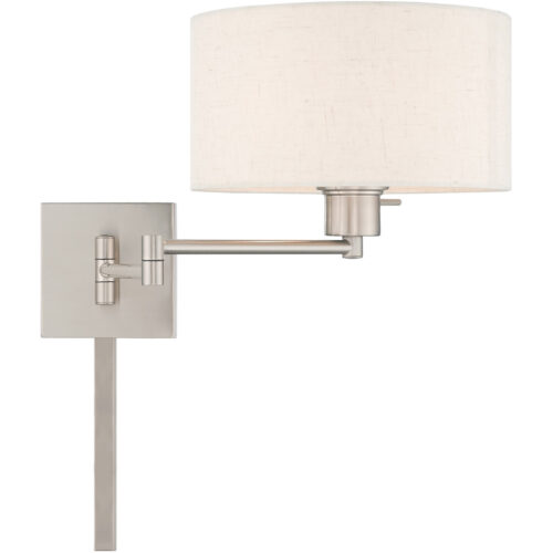 11 inch 1 Light Brushed Nickel Swing Arm Wall Lamp with Hand Crafted Oatmeal Fabric Hardback Shade-Lighting LumensWall Lamps