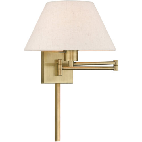 13 inch 1 Light Antique Brass Swing Arm Wall Lamp with Hand Crafted Oatmeal Fabric Hardback Shade-Lighting LumensWall Lamps