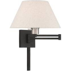 13 inch 1 Light Black Swing Arm Wall Lamp with Hand Crafted Oatmeal Fabric Hardback Shade-Lighting LumensWall Lamps