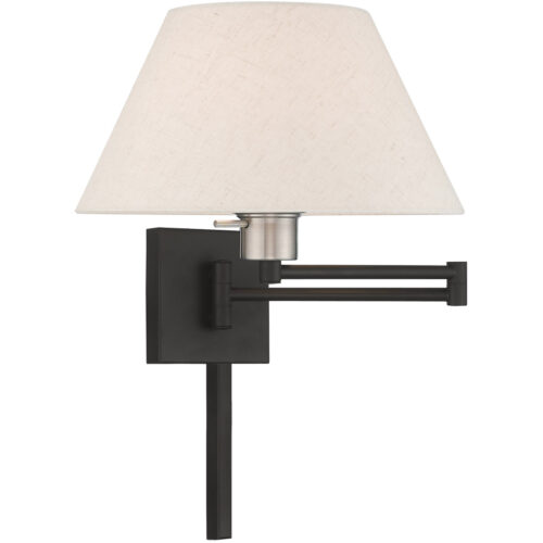 13 inch 1 Light Black Swing Arm Wall Lamp with Hand Crafted Oatmeal Fabric Hardback Shade-Lighting LumensWall Lamps