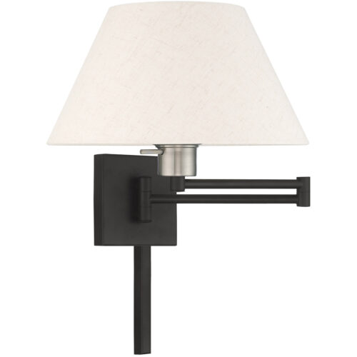 13 inch 1 Light Black Swing Arm Wall Lamp with Hand Crafted Oatmeal Fabric Hardback Shade-Lighting LumensWall Lamps