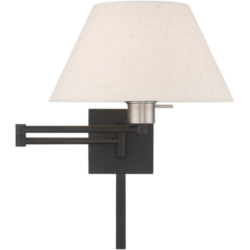 13 inch 1 Light Black Swing Arm Wall Lamp with Hand Crafted Oatmeal Fabric Hardback Shade-Lighting LumensWall Lamps