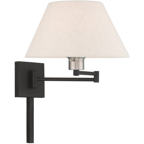 13 inch 1 Light Black Swing Arm Wall Lamp with Hand Crafted Oatmeal Fabric Hardback Shade-Lighting LumensWall Lamps