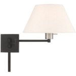 13 inch 1 Light Black Swing Arm Wall Lamp with Hand Crafted Oatmeal Fabric Hardback Shade-Lighting LumensWall Lamps