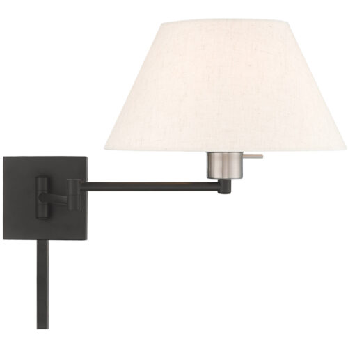 13 inch 1 Light Black Swing Arm Wall Lamp with Hand Crafted Oatmeal Fabric Hardback Shade-Lighting LumensWall Lamps