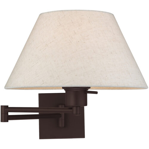 13 inch 1 Light Bronze Swing Arm Wall Lamp with Hand Crafted Oatmeal Fabric Hardback Shade-Lighting LumensWall Lamps