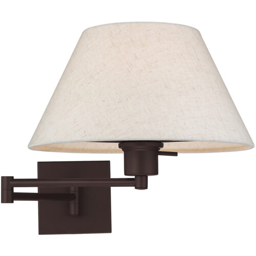 13 inch 1 Light Bronze Swing Arm Wall Lamp with Hand Crafted Oatmeal Fabric Hardback Shade-Lighting LumensWall Lamps