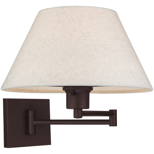 13 inch 1 Light Bronze Swing Arm Wall Lamp with Hand Crafted Oatmeal Fabric Hardback Shade-Lighting LumensWall Lamps