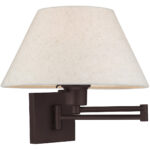 13 inch 1 Light Bronze Swing Arm Wall Lamp with Hand Crafted Oatmeal Fabric Hardback Shade-Lighting LumensWall Lamps