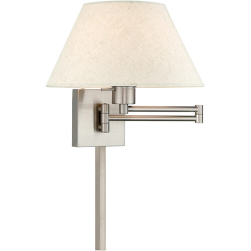 13 inch 1 Light Brushed Nickel Swing Arm Wall Lamp with Hand Crafted Oatmeal Fabric Hardback Shade-Lighting LumensWall Lamps