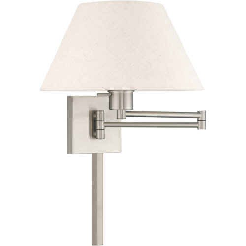 13 inch 1 Light Brushed Nickel Swing Arm Wall Lamp with Hand Crafted Oatmeal Fabric Hardback Shade-Lighting LumensWall Lamps