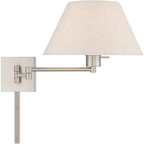 13 inch 1 Light Brushed Nickel Swing Arm Wall Lamp with Hand Crafted Oatmeal Fabric Hardback Shade-Lighting LumensWall Lamps