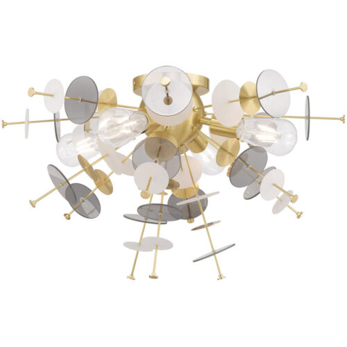 4 Light Satin Brass Ceiling Light fixture with Satin Brass Discs & Glass Discs Shade-Lighting LumensFlush Mount Ceiling Lights