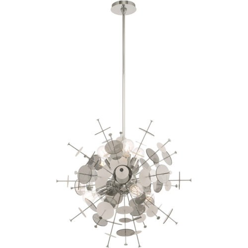 6 Light Polished Chrome Pendant Chandelier with Chrome Discs & Glass Discs Shade-Lighting LumensChandeliers