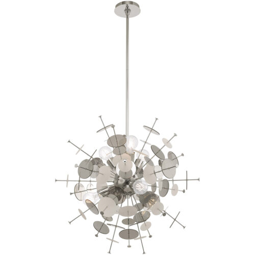 6 Light Polished Chrome Pendant Chandelier with Chrome Discs & Glass Discs Shade-Lighting LumensChandeliers