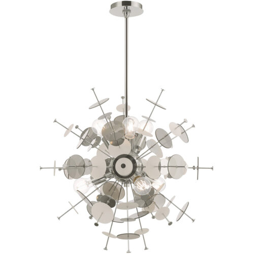 6 Light Polished Chrome Pendant Chandelier with Chrome Discs & Glass Discs Shade-Lighting LumensChandeliers