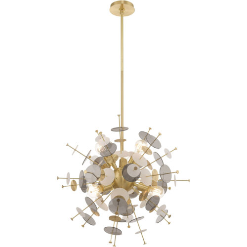 6 Light Satin Brass Pendant Chandelier with Satin Brass Discs & Glass Discs Shade-Lighting LumensChandeliers