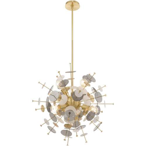 6 Light Satin Brass Pendant Chandelier with Satin Brass Discs & Glass Discs Shade-Lighting LumensChandeliers