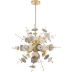 6 Light Satin Brass Pendant Chandelier with Satin Brass Discs & Glass Discs Shade-Lighting LumensChandeliers