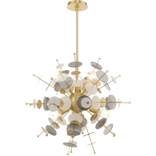 6 Light Satin Brass Pendant Chandelier with Satin Brass Discs & Glass Discs Shade-Lighting LumensChandeliers