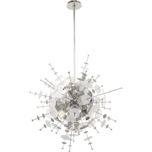 6 Light Polished Chrome Pendant Chandelier with Chrome Discs & Glass Discs Shade-Lighting LumensChandeliers