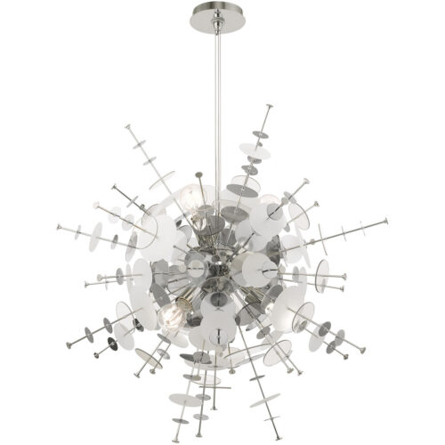 6 Light Polished Chrome Pendant Chandelier with Chrome Discs & Glass Discs Shade-Lighting LumensChandeliers