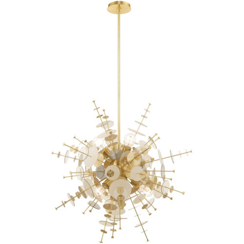 6 Light Satin Brass Pendant Chandelier with Satin Brass Discs & Glass Discs Shade-Lighting LumensChandeliers