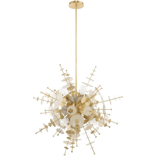 6 Light Satin Brass Pendant Chandelier with Satin Brass Discs & Glass Discs Shade-Lighting LumensChandeliers