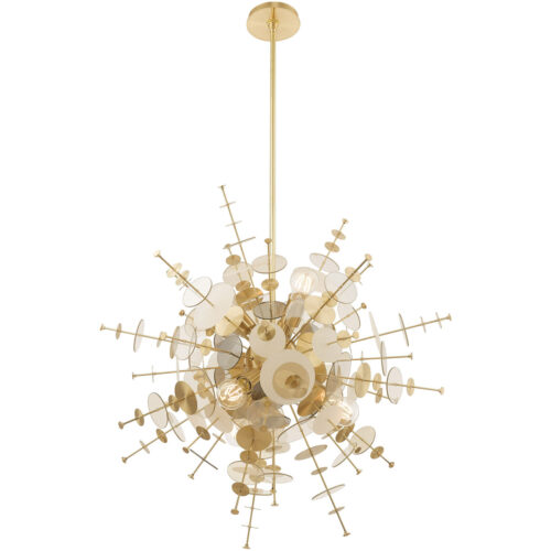 6 Light Satin Brass Pendant Chandelier with Satin Brass Discs & Glass Discs Shade-Lighting LumensChandeliers