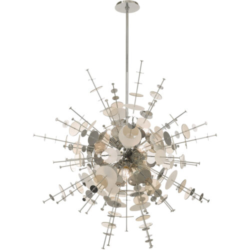 12 Light Polished Chrome Grand Foyer Pendant Chandelier with Chrome Discs & Glass Discs Shade-Lighting LumensChandeliers