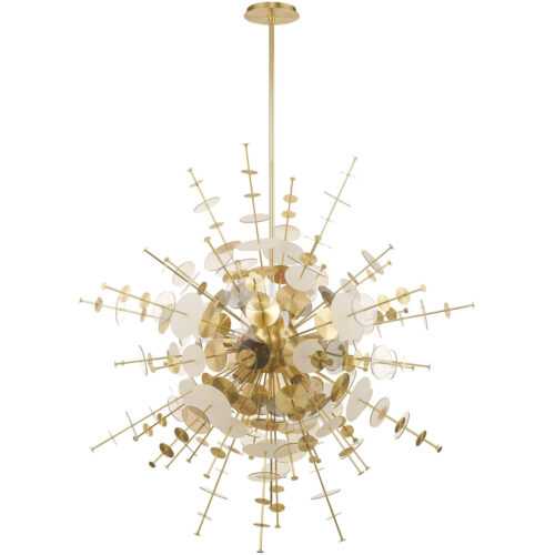 12 Light Satin Brass Grand Foyer Pendant Chandelier with Satin Brass Discs & Glass Discs Shade-Lighting LumensChandeliers