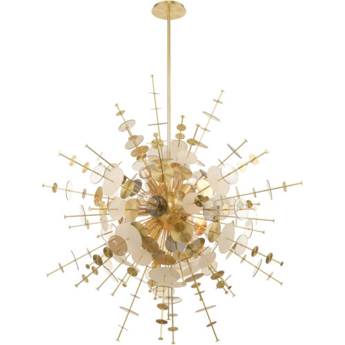 12 Light Satin Brass Grand Foyer Pendant Chandelier with Satin Brass Discs & Glass Discs Shade-Lighting LumensChandeliers