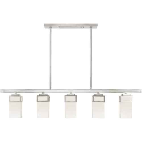 4.5 inch 5 Light Brushed Nickel Linear Chandelier with Hand Blown Satin Opal White Glass Shade-Lighting LumensChandeliers