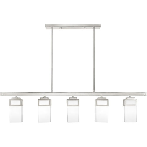 4.5 inch 5 Light Brushed Nickel Linear Chandelier with Hand Blown Satin Opal White Glass Shade-Lighting LumensChandeliers