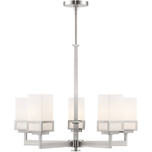 5 Light Brushed Nickel Chandelier with Hand Blown Satin Opal White Glass Shade-Lighting LumensChandeliers