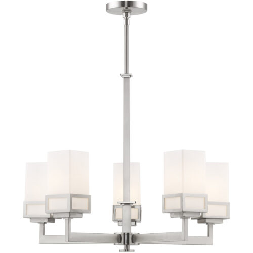 5 Light Brushed Nickel Chandelier with Hand Blown Satin Opal White Glass Shade-Lighting LumensChandeliers