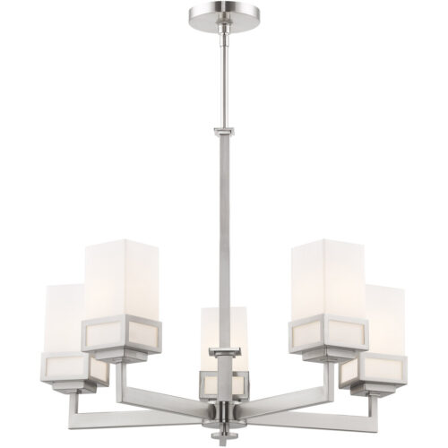 5 Light Brushed Nickel Chandelier with Hand Blown Satin Opal White Glass Shade-Lighting LumensChandeliers