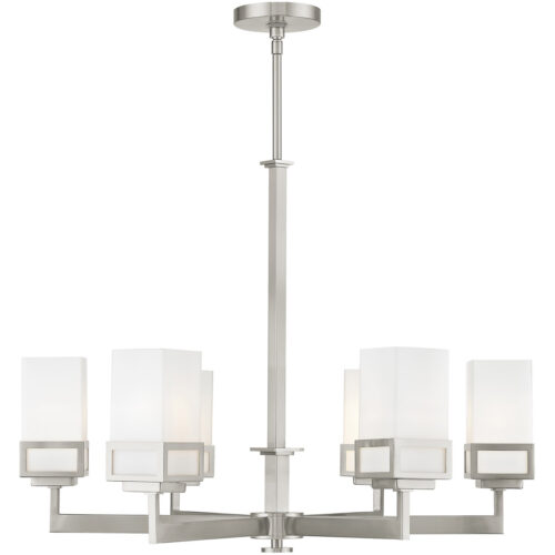 6 Light Brushed Nickel Chandelier with Hand Blown Satin Opal White Glass Shade-Lighting LumensChandeliers