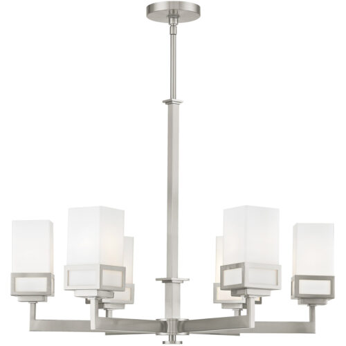 6 Light Brushed Nickel Chandelier with Hand Blown Satin Opal White Glass Shade-Lighting LumensChandeliers