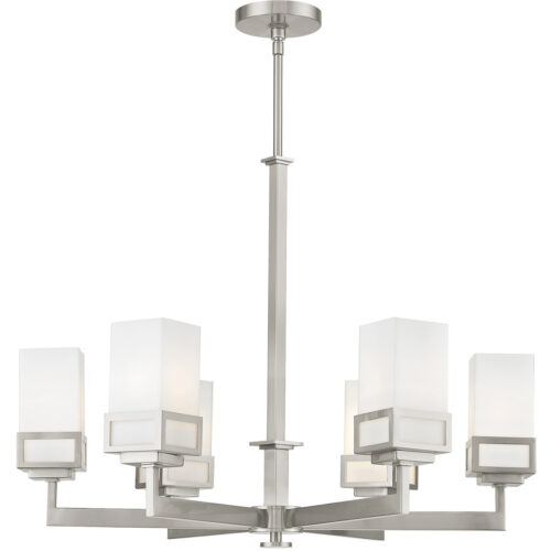 6 Light Brushed Nickel Chandelier with Hand Blown Satin Opal White Glass Shade-Lighting LumensChandeliers