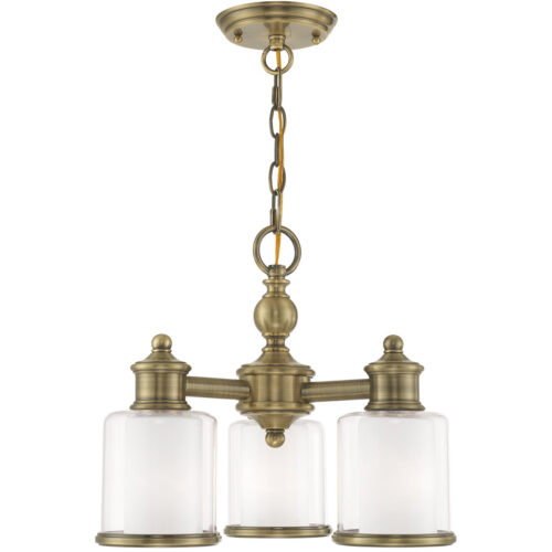 3 Light Antique Brass Convertible Mini Chandelier/Ceiling Light fixture with Clear Glass & Satin Opal White Glass Shade-Lighting LumensChandeliers