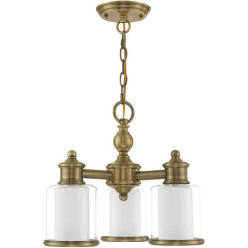 3 Light Antique Brass Convertible Mini Chandelier/Ceiling Light fixture with Clear Glass & Satin Opal White Glass Shade-Lighting LumensChandeliers